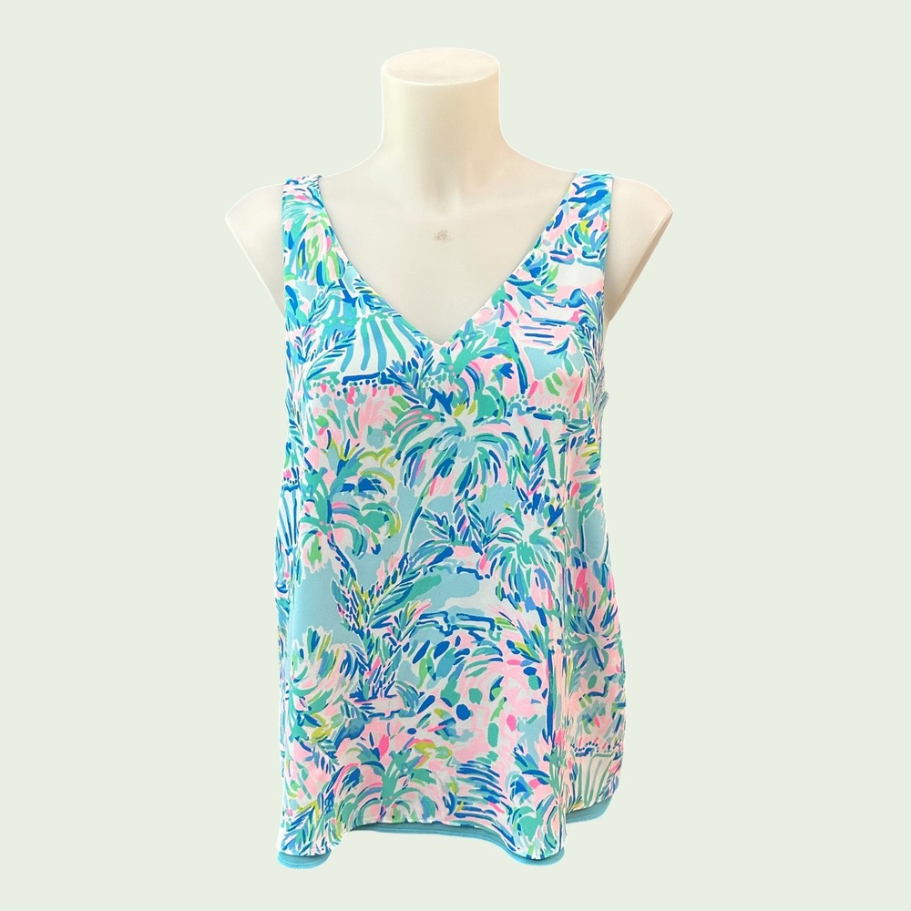 Lilly Pulitzer Florin Reversible V-Neck Tank Top Tropical Floral Aqua Sz Small